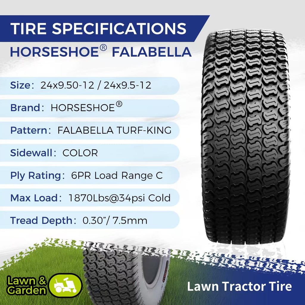FALABELLA (2-Pcs) 24X9.50-12 6-PLY LRC Lawn Mower 24x9.5x12 Riding Machine Golf Carts 24x9.5-12 Turf Equipment &amp; Tractors Tires, Heavy Duty Turf-King, Color Sidewall