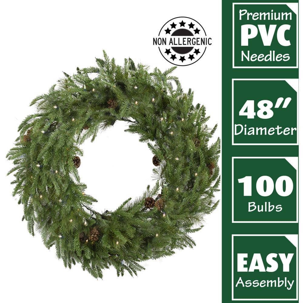 48 in. Norway Pine Artificial Holiday Wreath with Clear LED String Lights