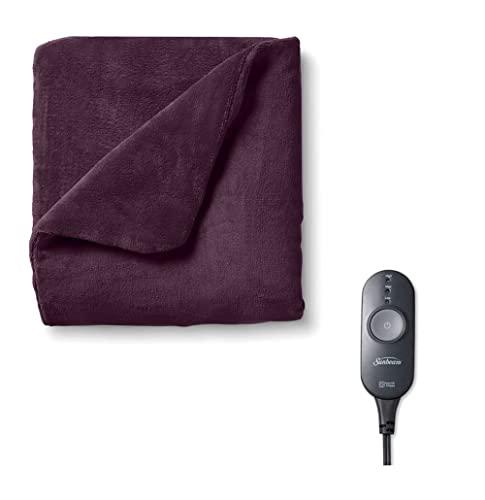 Sunbeam Microplush Comfy Toes Electric Heated Throw Blanket Foot Pocket Winter Bloom Purple