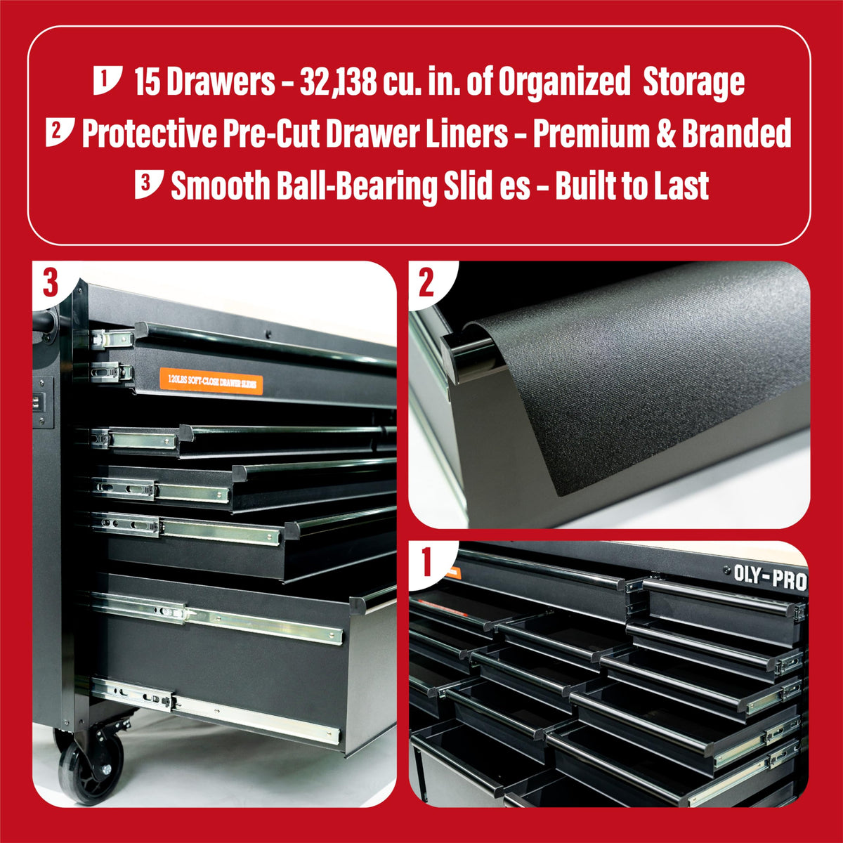 72 inch Heavy Duty Mobile Tool Chest Tool Box, with Solid Top Workbench, 15-Drawer Rolling Tool Chest, Tool StoraOrganizer for Garage, Workshop, and Home, Black