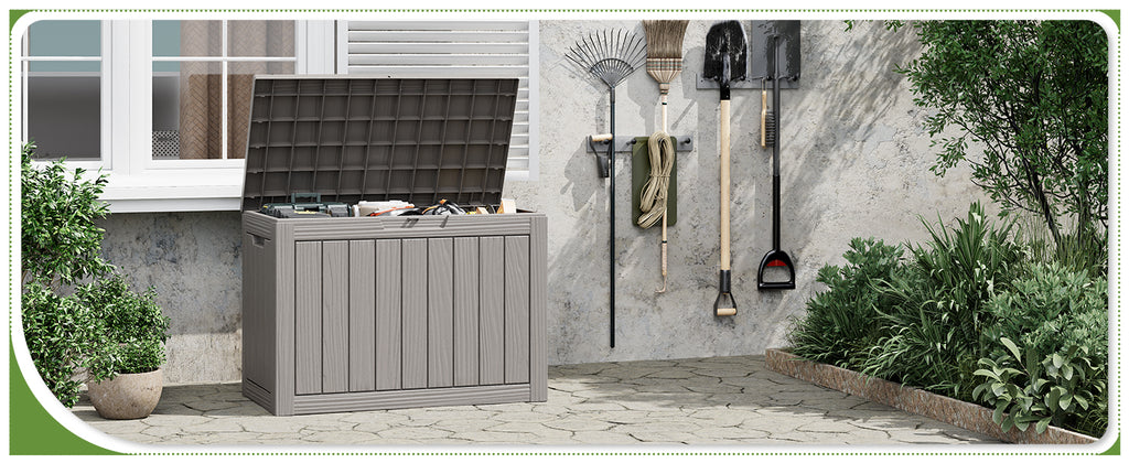 Outdoor StoraBox, 45 Gallon Deck Box with Lockable Lid, Waterproof Resin StoraBin for Cushions, Garden Tools, Patio Furniture, Grey