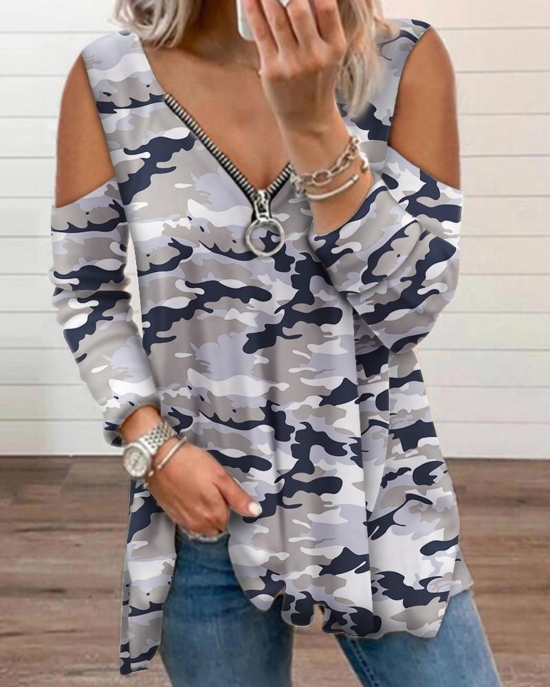 camouflage print zipper design cutout long sleeve top