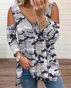 camouflage print zipper design cutout long sleeve top