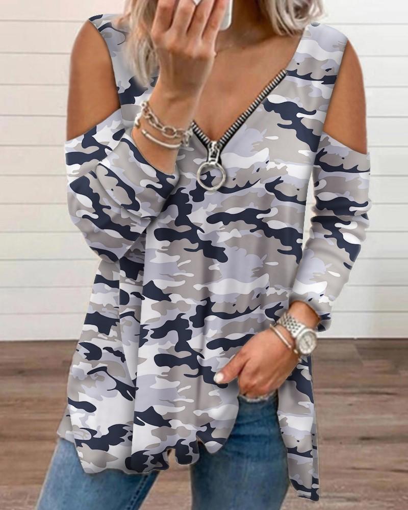 camouflage print zipper design cutout long sleeve top