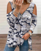 camouflage print zipper design cutout long sleeve top