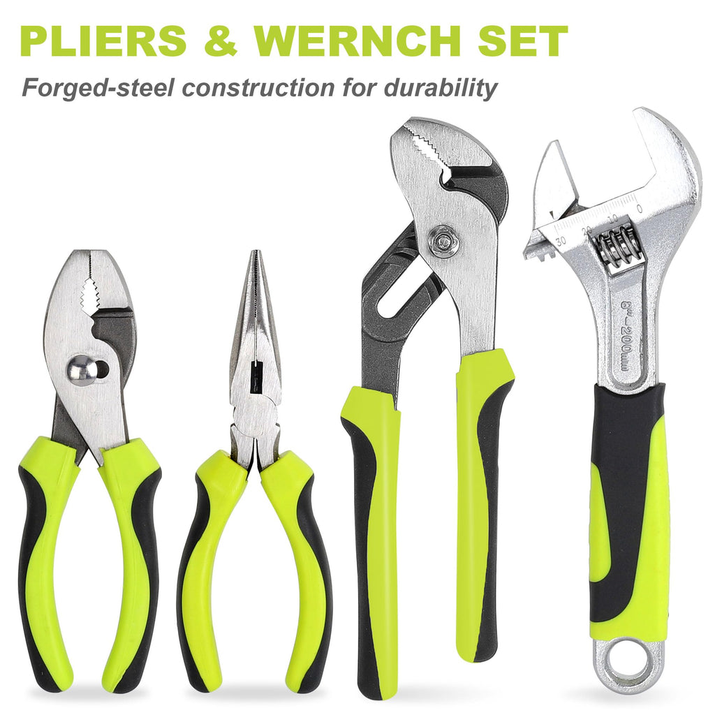 198-Piece Household Tool Set, Home Repairing Tool Set with Toolbox, SAE Mechanics Hand Tool Kit for DIY, Home Maintenance, Green
