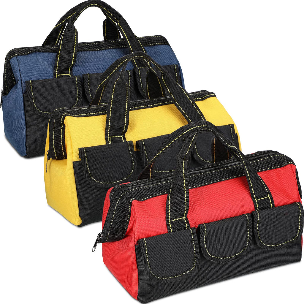 3 Pack Tool Bag for Men with Waterproof Hard Bottom, Heavy Duty Tool Bag Wide Mouth Tote for Various Instrument, Electrician Carpenter Mechanic(Blue, Red, Yellow,13 Inch,Classic)