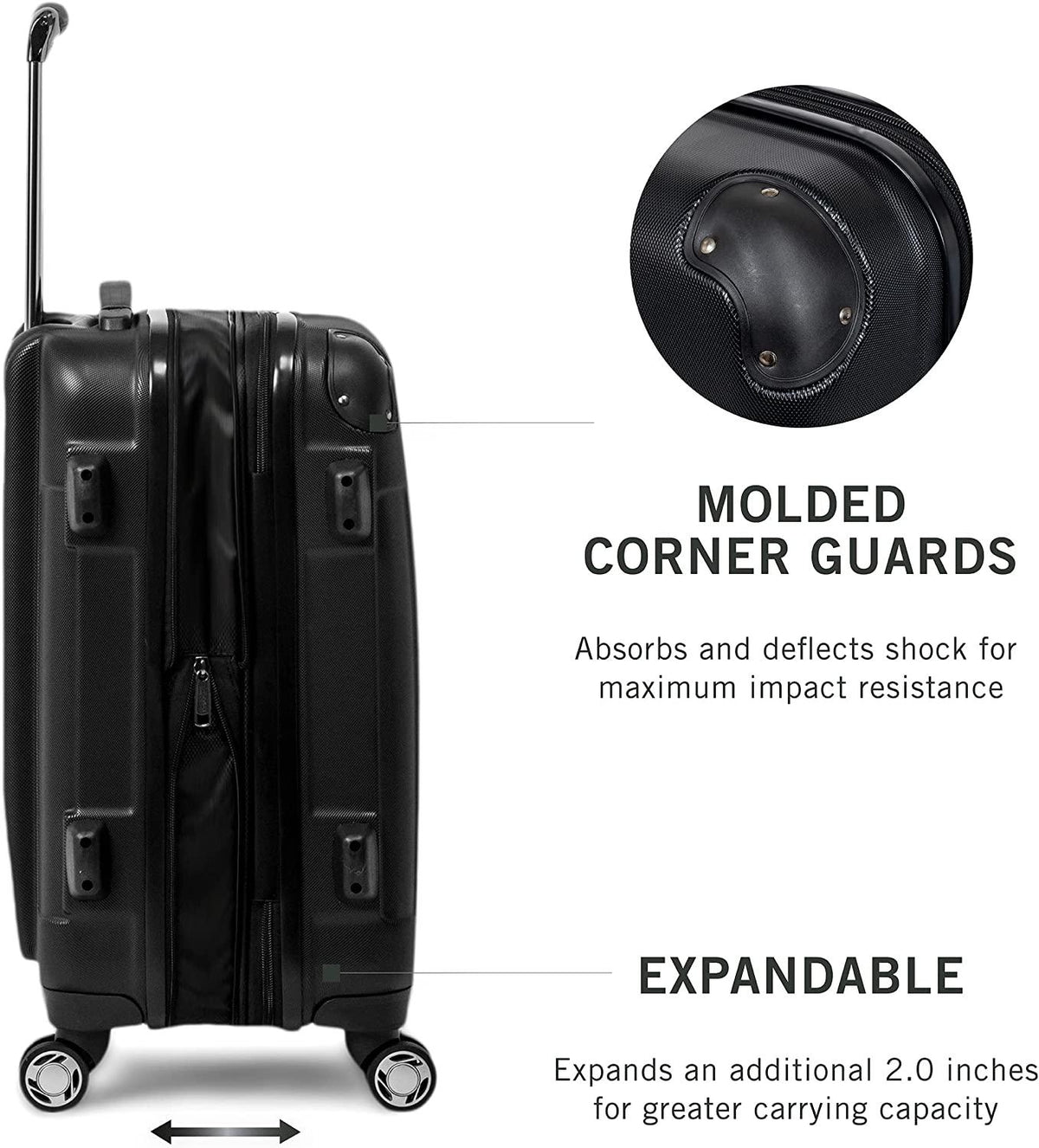 Renegade 20” Carry-On Luggage Lightweight Hardside Expandable 8-Wheel Spinner Travel Cabin Suitcase, Black, inch