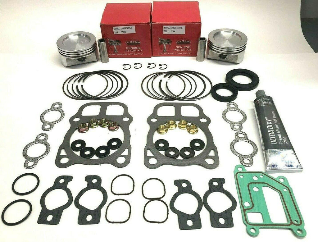overhaul kit includes pistons with rings, gasket set, crankcase sealer, crankshaft seals compatible with kohler engines ch18, ch20, ch22, cv18, cv20, cv22, ch620, ch630, ch640, ch641, cv620 77mm