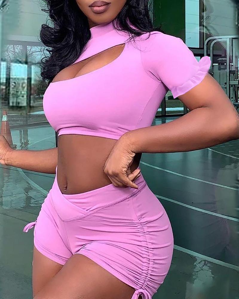 cutout ruffles crop top &amp; ruched drawstring shorts set