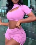 cutout ruffles crop top &amp; ruched drawstring shorts set