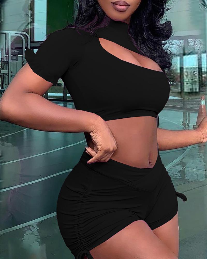 cutout ruffles crop top &amp; ruched drawstring shorts set