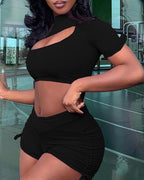 cutout ruffles crop top &amp; ruched drawstring shorts set