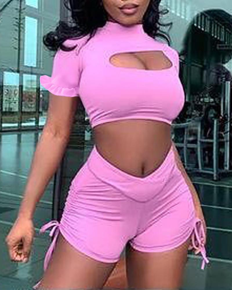cutout ruffles crop top &amp; ruched drawstring shorts set