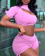 cutout ruffles crop top &amp; ruched drawstring shorts set