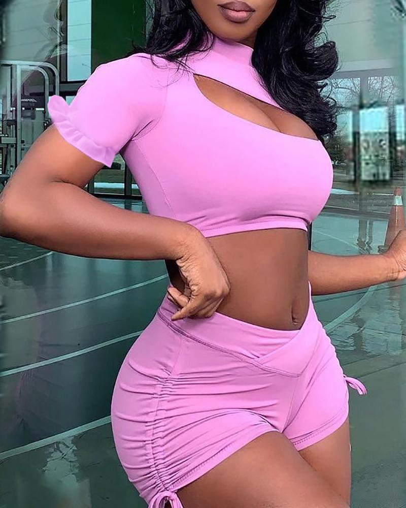 cutout ruffles crop top &amp; ruched drawstring shorts set