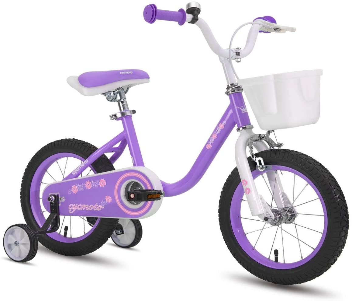 CYCMOTO Flower Girls Bike for Toddlers and Kids with Basket &amp; Bell, 14" &amp; 16" Kids Bike with Training Wheels for A3-6 Years Child (Blue Purple Teal Pink)