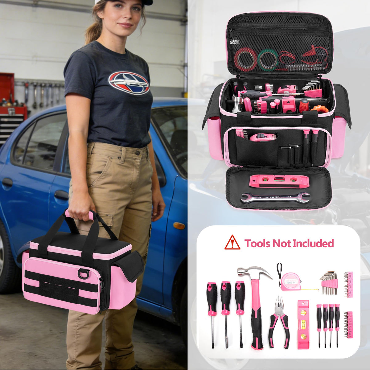 Pink Tool Bag for Women, Tool StoraOrganizer with Anti-friction and Thick Padded Bottom, Tactical RanBag, Multi-functional Work Bag for Repairman, Electrician, Carpenters, Pink