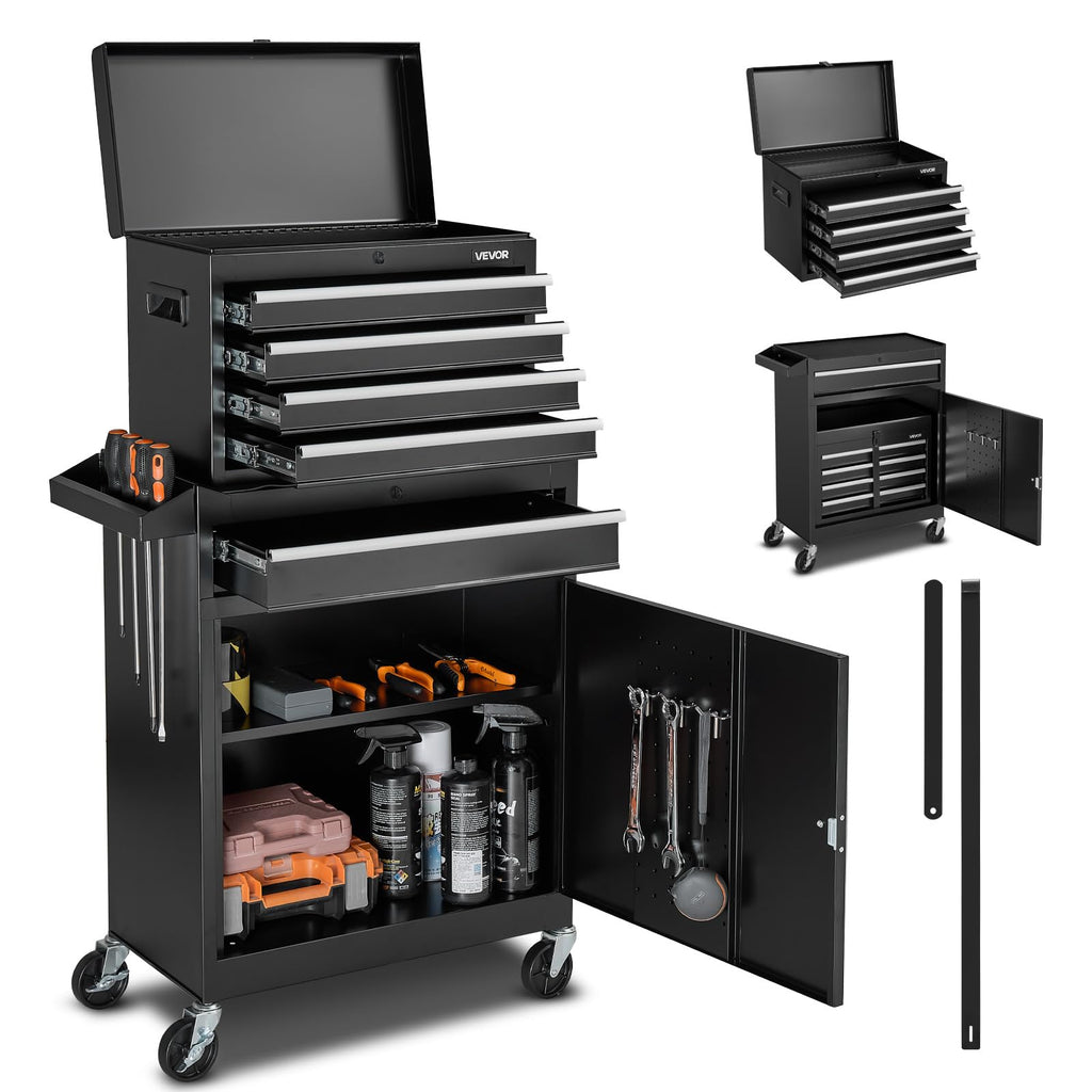 Rolling Tool Chest, 2-in-1 , 5 Drawers Tool Cabinet Organizer with Detachable Top Metal Toolbox, Lock Bar, Protective Liner, and Tools Rack, GaraStoraCabinet for Warehouse, Workshop