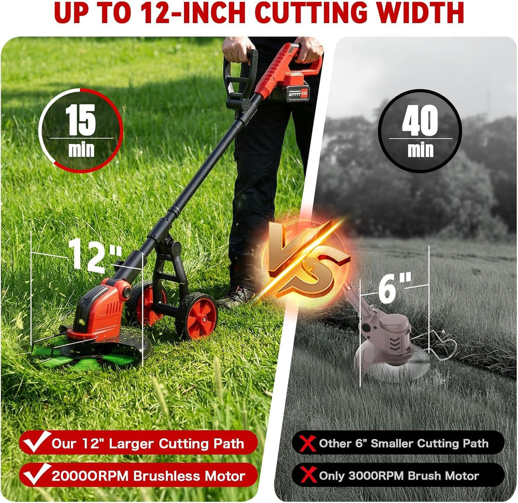 20000 RPM Electric Weed Wacker with Wheel,12″ Brushless Cordless Weed Eater Battery Powered, 4-in-1 Brush Cutter/String Trimmer/Grass Edger Tool/Lawn Mower, Stringless Weed Trimmer,5 Blade,2 Battery