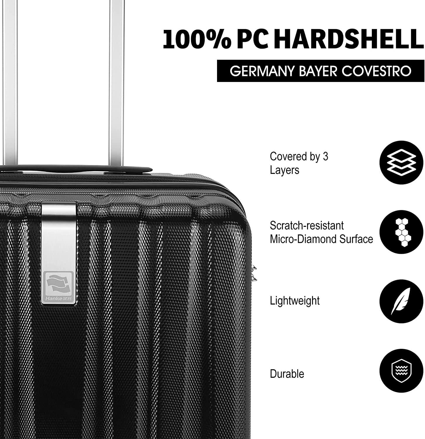 Lightweight Hardside Checked-Medium Luggage with 8 Spinner Silent Wheels, Travel Luggage, Rolling Suitcase TSA Approved, Black, 24-Inch