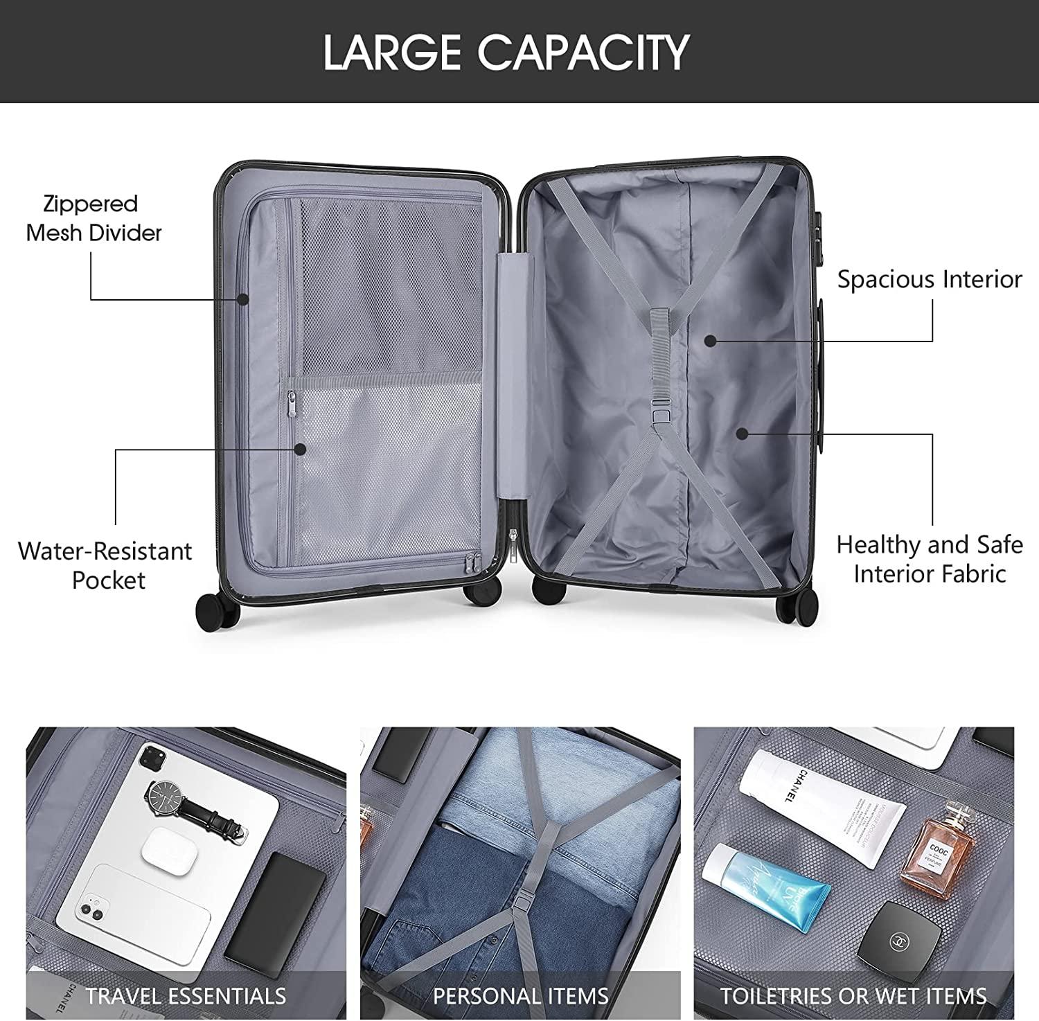 Lightweight Hardside Checked-Medium Luggage with 8 Spinner Silent Wheels, Travel Luggage, Rolling Suitcase TSA Approved, Black, 24-Inch