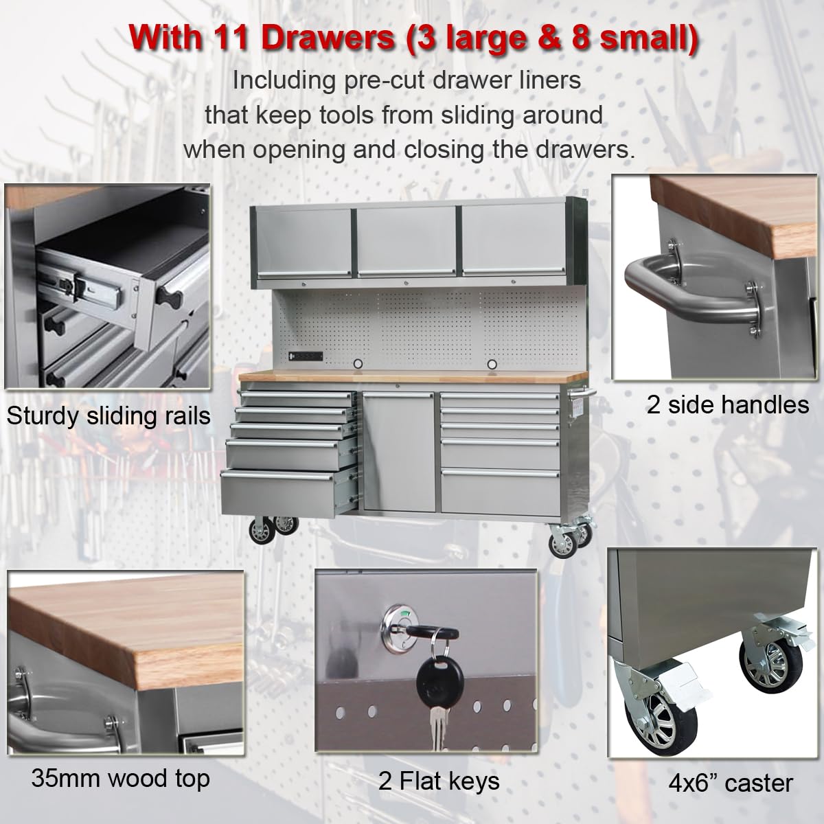 72 inch Rolling Tool Chest with 11 Drawers + 3 Upper Cabinets,  Steel Lockable Tool Cabinet with 6 Blue StoraBins & Power Strip, Assembled Tool Box for Gara(1 × HTC7214W1)