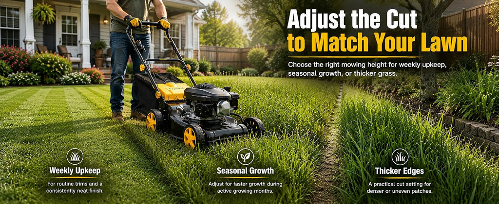 132CC Gas Lawn Mower 16-Inch with 45L Grass Bag and Height Adjustment | 4-stroke engine, 16-inch cutting width, 45L grass bag, 8-position height adjustment for small to medium yards