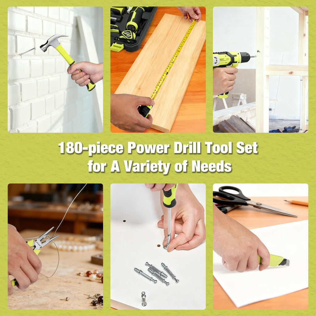Power Drill Set, 180Pcs Home Hand Tool Kit with 8V Drill, Portable Tool box Kit with Screwdriver, Plier, Wrench, Socket, Harmer, Household Cordless Drill Set for Men Women Home