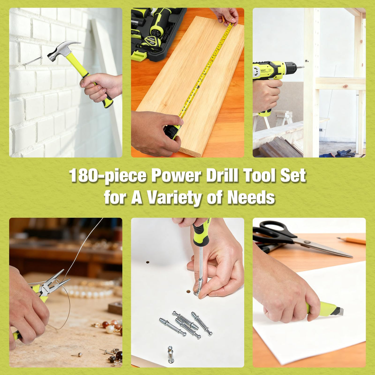 Power Drill Set, 180Pcs Home Hand Tool Kit with 8V Drill, Portable Tool box Kit with Screwdriver, Plier, Wrench, Socket, Harmer, Household Cordless Drill Set for Men Women Home