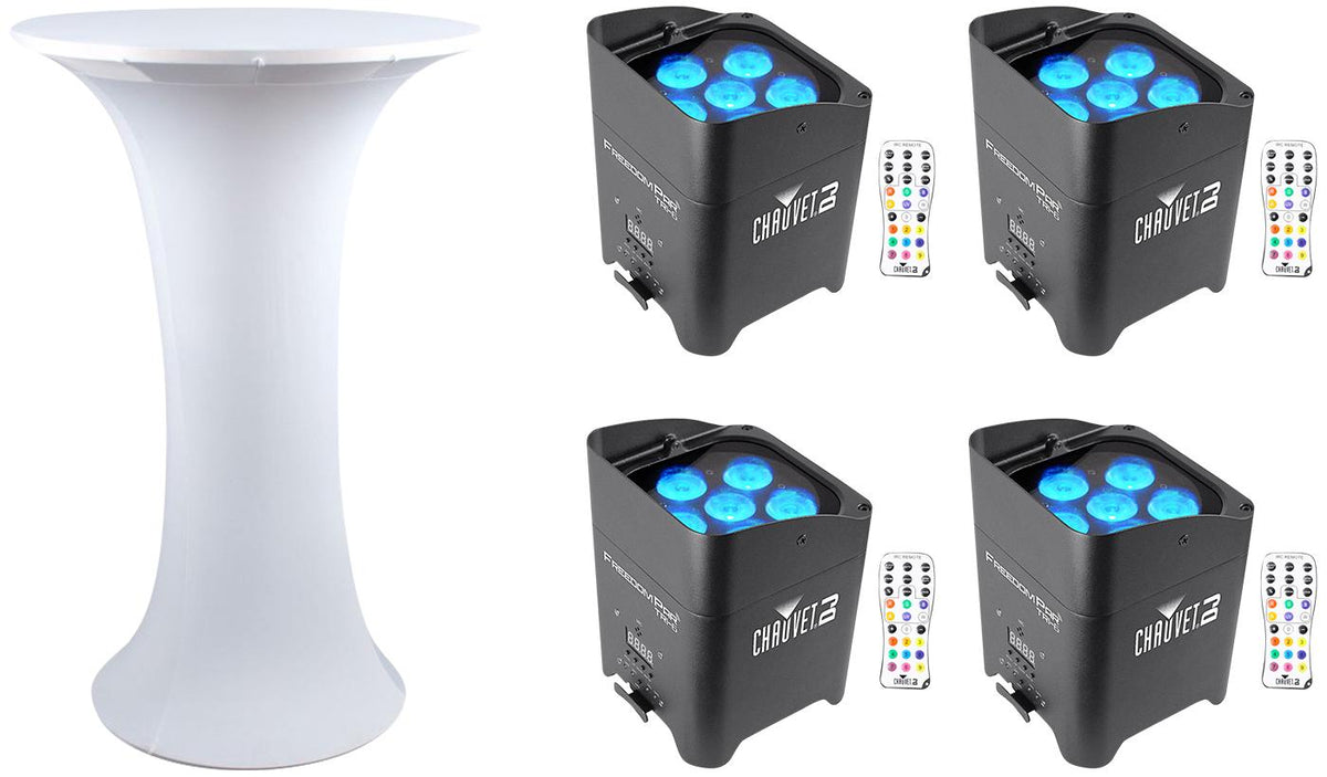 (4) Chauvet DJ Freedom Par Tri-6 Wireless DMX Rechargeable Up-Lights+Club Table