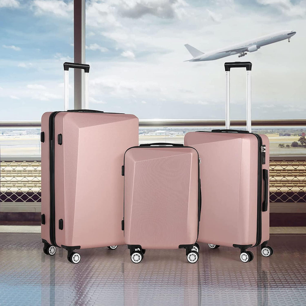 Luggage 3 Piece Sets ABS Spinner Suitcase with 3-Digit Combination Lock 20 inches 24 inches 28 inches, ROSEGOLDED