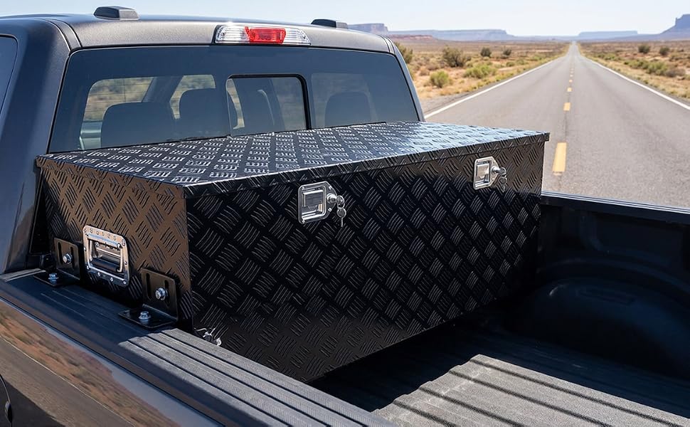 48 Inch Heavy Duty Aluminum Stripes Plated Tool Box Pick Up Truck Bed RV Trailer Toolbox Square StoraOrganizer with Side Handle, Lock and Keys, Waterproof -48"x 19.5"x 17.5"，Black
