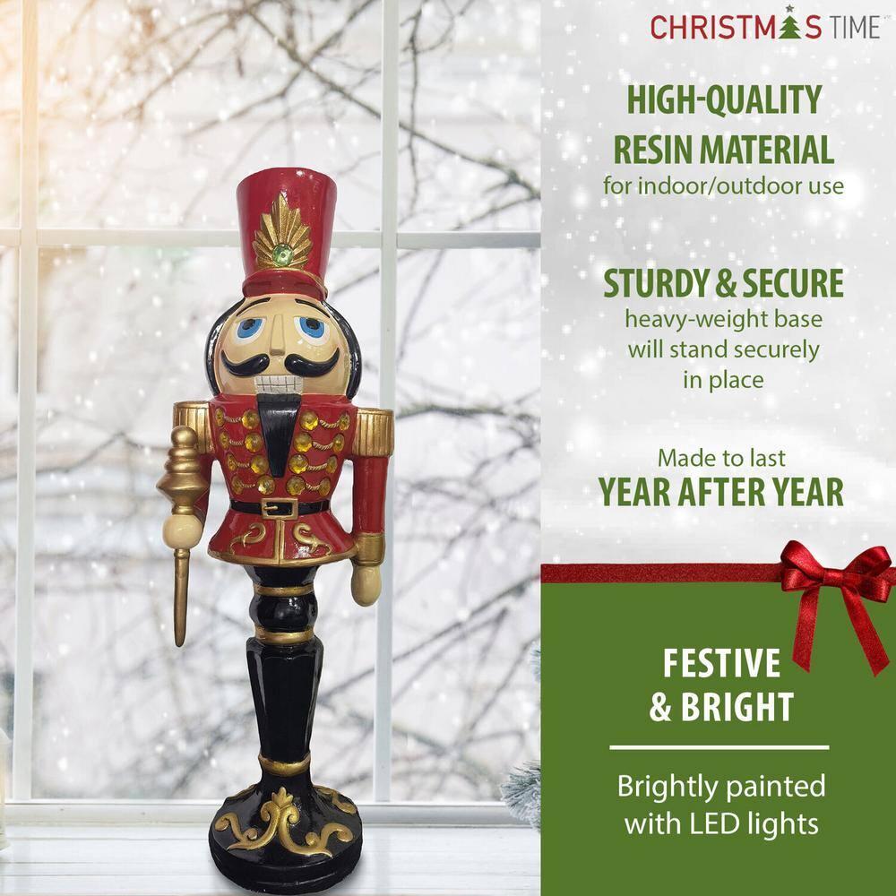 36 in. Red Resin Christmas Nutcracker Toy Soldier Holding a Staff with LED Lights