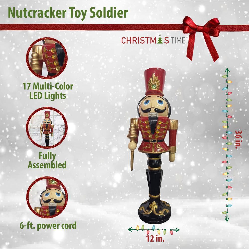 36 in. Red Resin Christmas Nutcracker Toy Soldier Holding a Staff with LED Lights