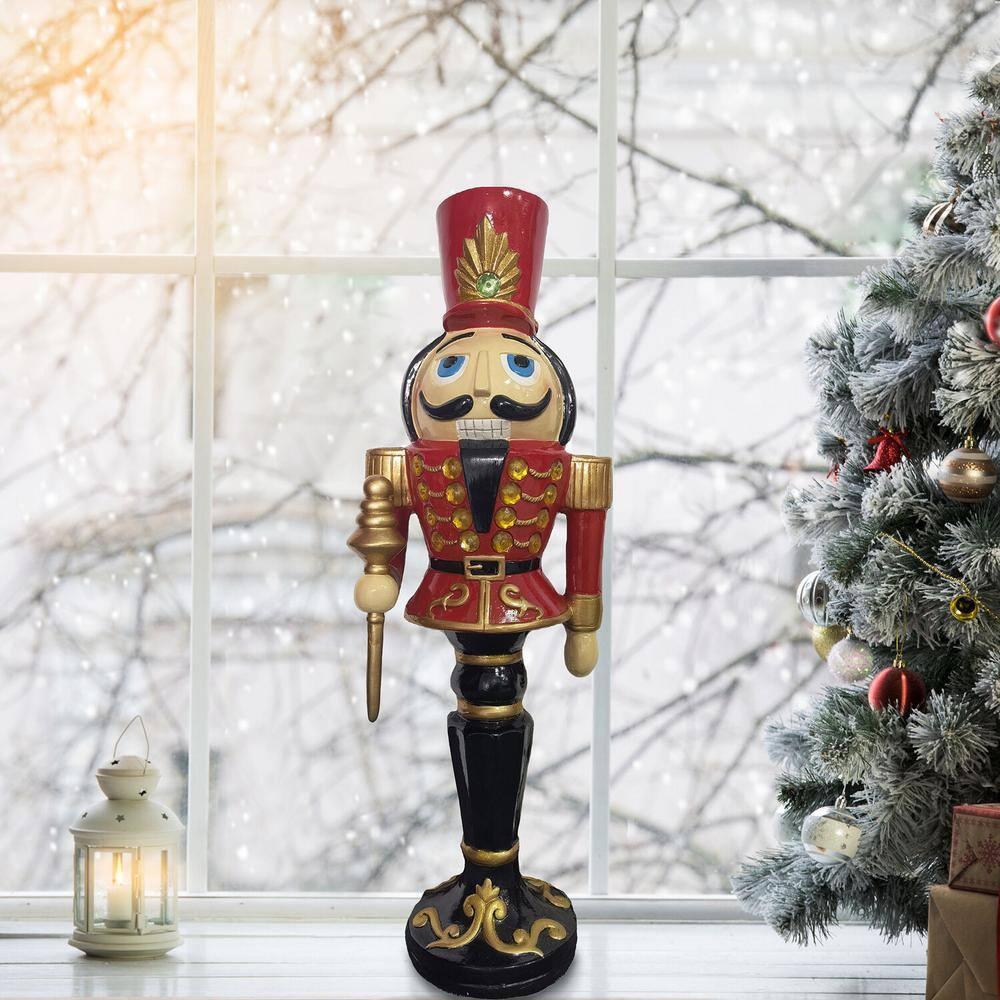 36 in. Red Resin Christmas Nutcracker Toy Soldier Holding a Staff with LED Lights