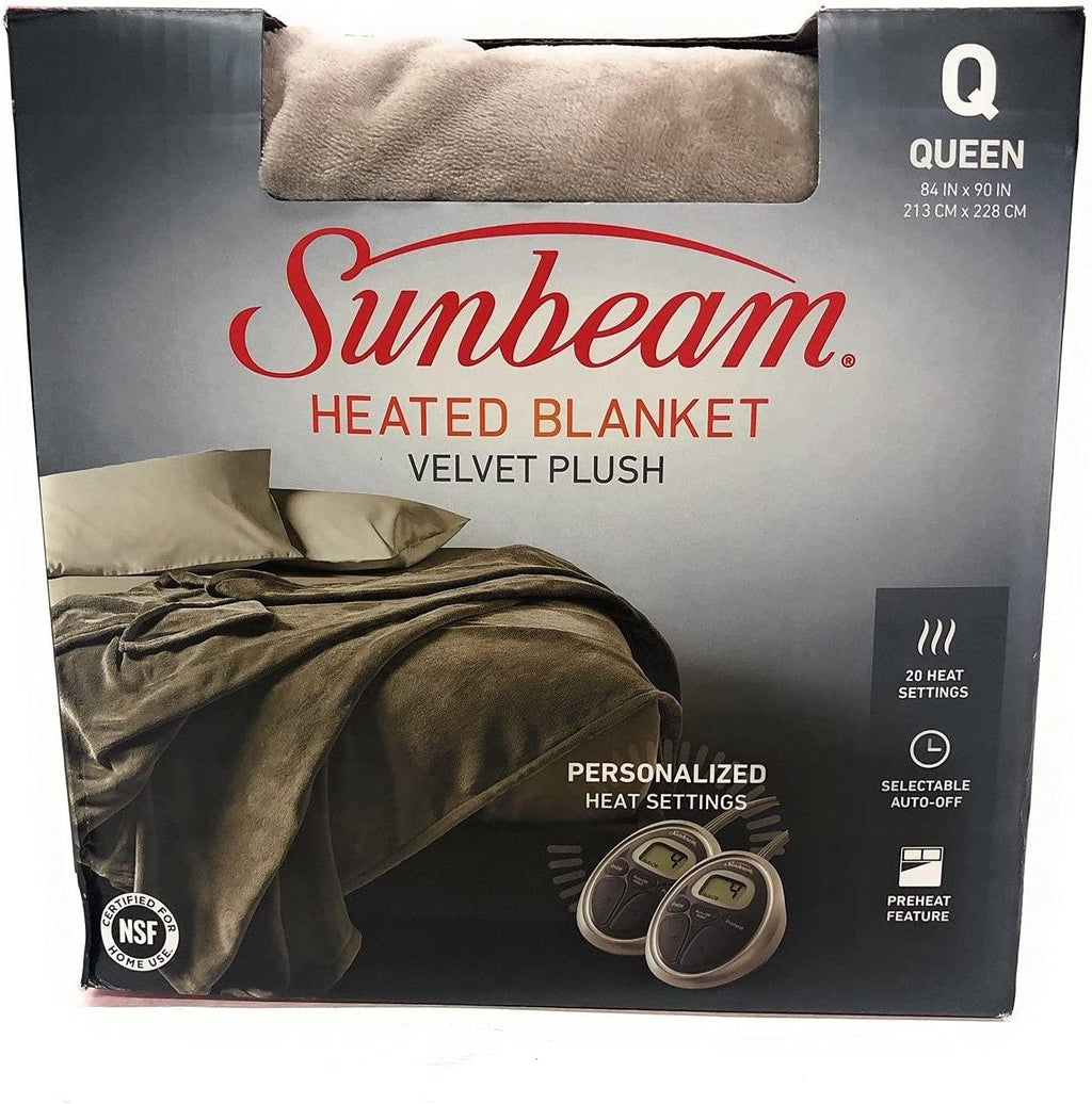 Sunbeam - Queen Size Heated Blanket Luxurious Velvet Plush with 2 Digital Controllers and Auto-Off Feature - 5yr Warranty (Mushroom Beige)