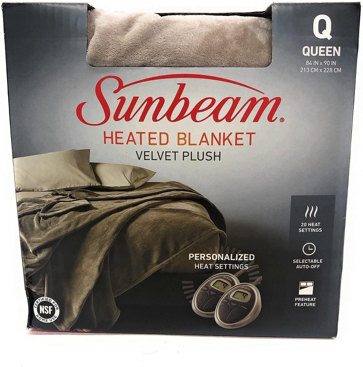 Sunbeam - Queen Size Heated Blanket Luxurious Velvet Plush with 2 Digital Controllers and Auto-Off Feature - 5yr Warranty (Mushroom Beige)