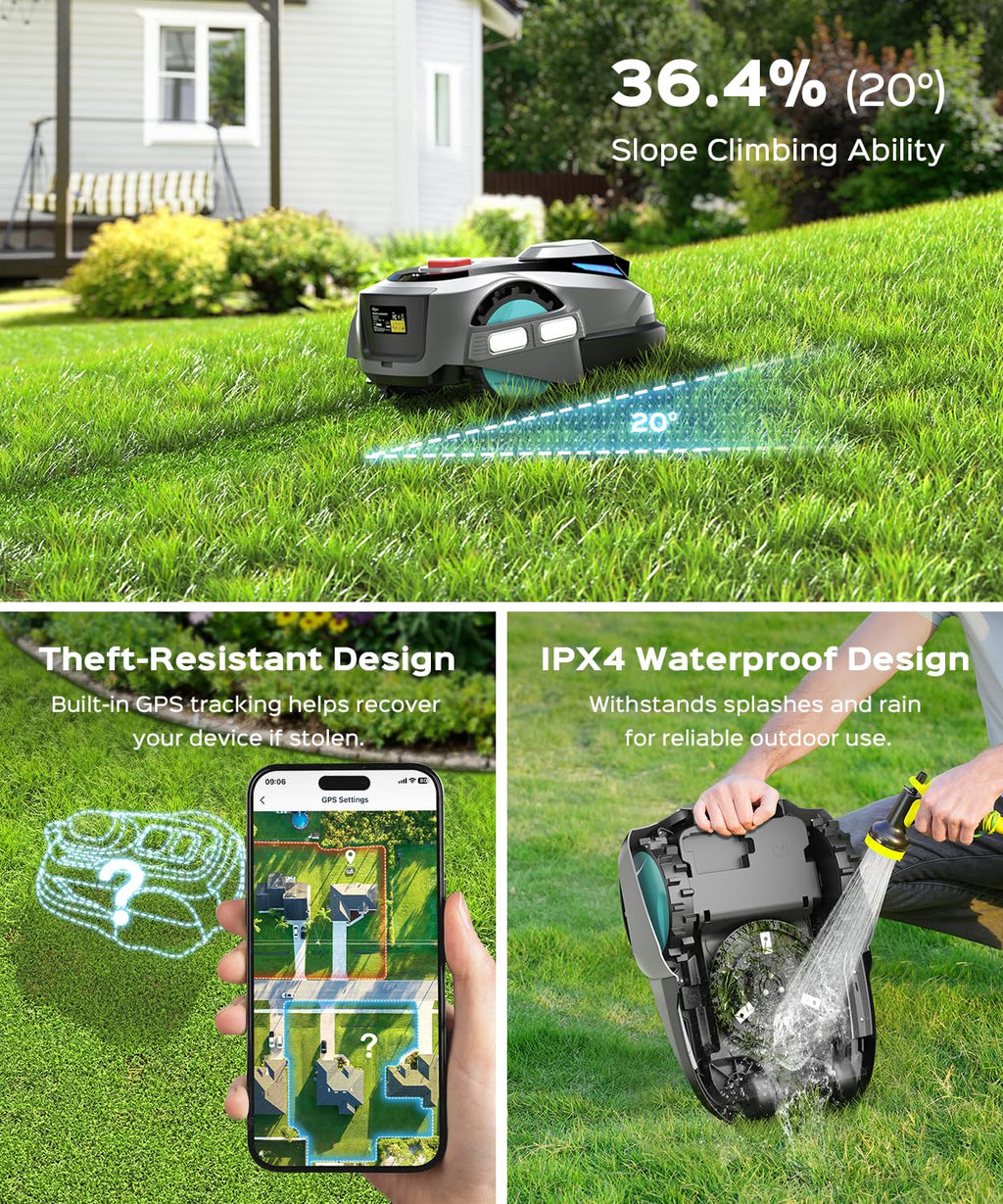 N1600 PRO Robot Lawn Mower, Wireless  with RTK+Vision Navigation, 0.4 Acre Coverage, APP Smart Control Robot Lawn Mower, Multi-Zone Mowing, Curved Path, Adjustable Cutting Height