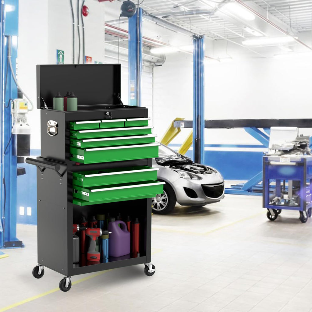8-Drawer High Capacity Rolling Tool Chest, Removable Cabinet StoraTool Box with Wheels and Drawers, Detachable Toolbox with Lock for Workshop Mechanics Garage(Black&Green)