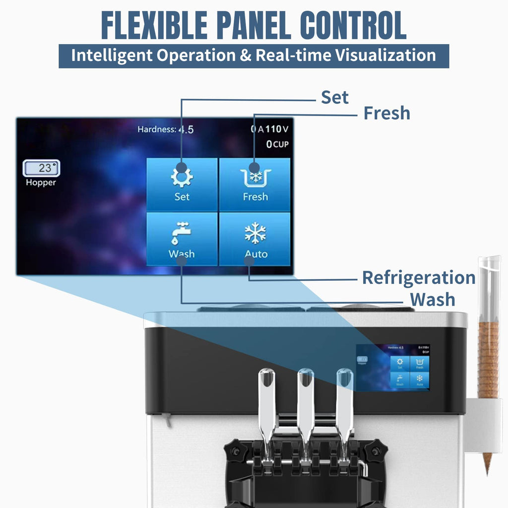 Commercial Ice Cream Machine - 110V 2450W 3 Flavors Soft Serve Ice Cream Machine 5.3 to 7.4 Gallons/H Auto Clean LCD Touch Screen Ideal Soft Serve Maker for Snack Restaurants Bars