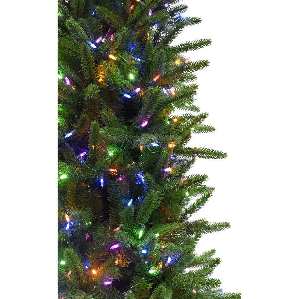 Fraser Hill Farm 7.5 Ft. Carmel Pine Slim Artificial Christmas Tree with Multi-Color LED String Lighting