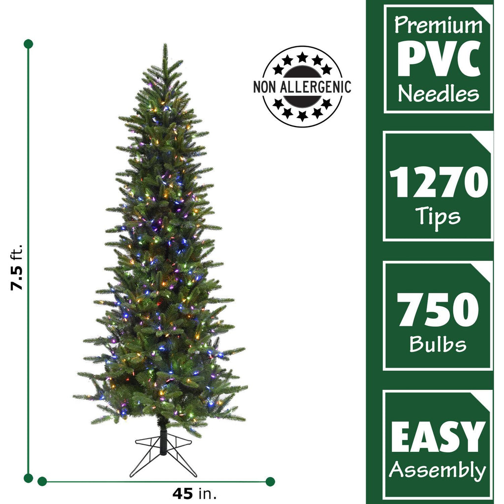 Fraser Hill Farm 7.5 Ft. Carmel Pine Slim Artificial Christmas Tree with Multi-Color LED String Lighting