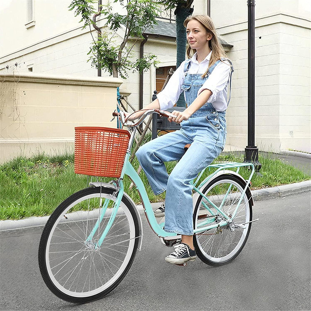 26''Complete Cruiser Bicycles for Women,Single Speed Beach Cruiser Bicycle W/Basket&amp;Back Seat,Classic Retro Style,Leather Seat,Easy Assembly,Comfortable Road Bikes,for Leisure Picnics Shopping