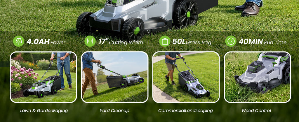 40V Cordless Lawn Mower, 17-Inch Walk Behind Lawnmower with 2 x 20V 4.0Ah Battery, Brushless Motor, 6 Cutting Heights, 50L Grass Bag, for Garden/Patio/Yard/Lawn