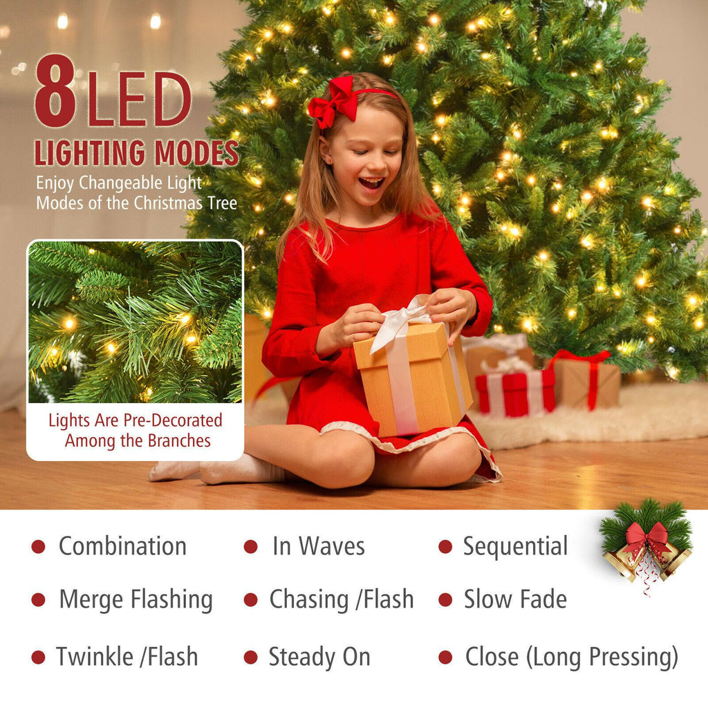 9ft Pre-Lit Artificial Hinged Christmas Tree w/8 Modes LED Lights and Foot Pedal