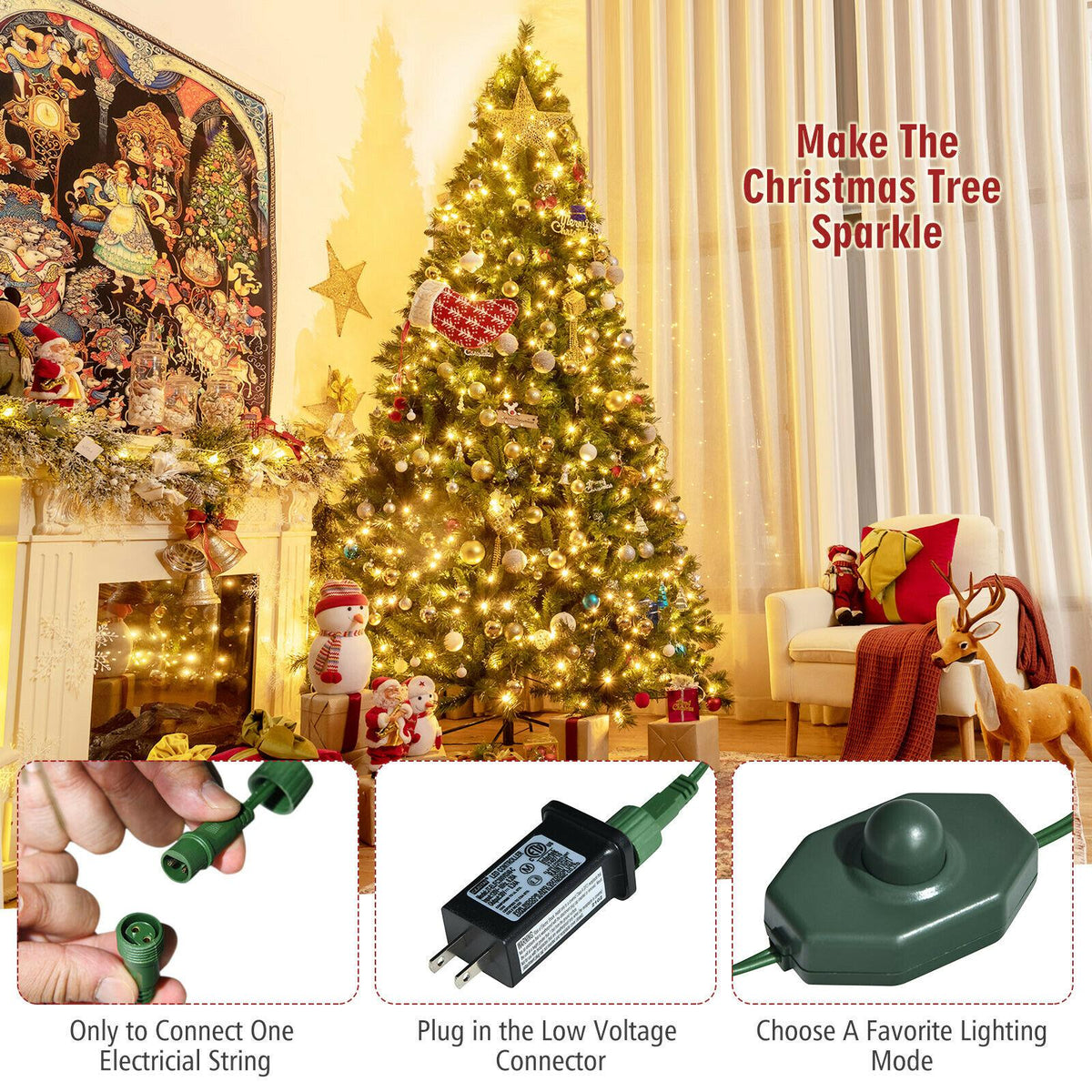 9ft Pre-Lit Artificial Hinged Christmas Tree w/8 Modes LED Lights and Foot Pedal