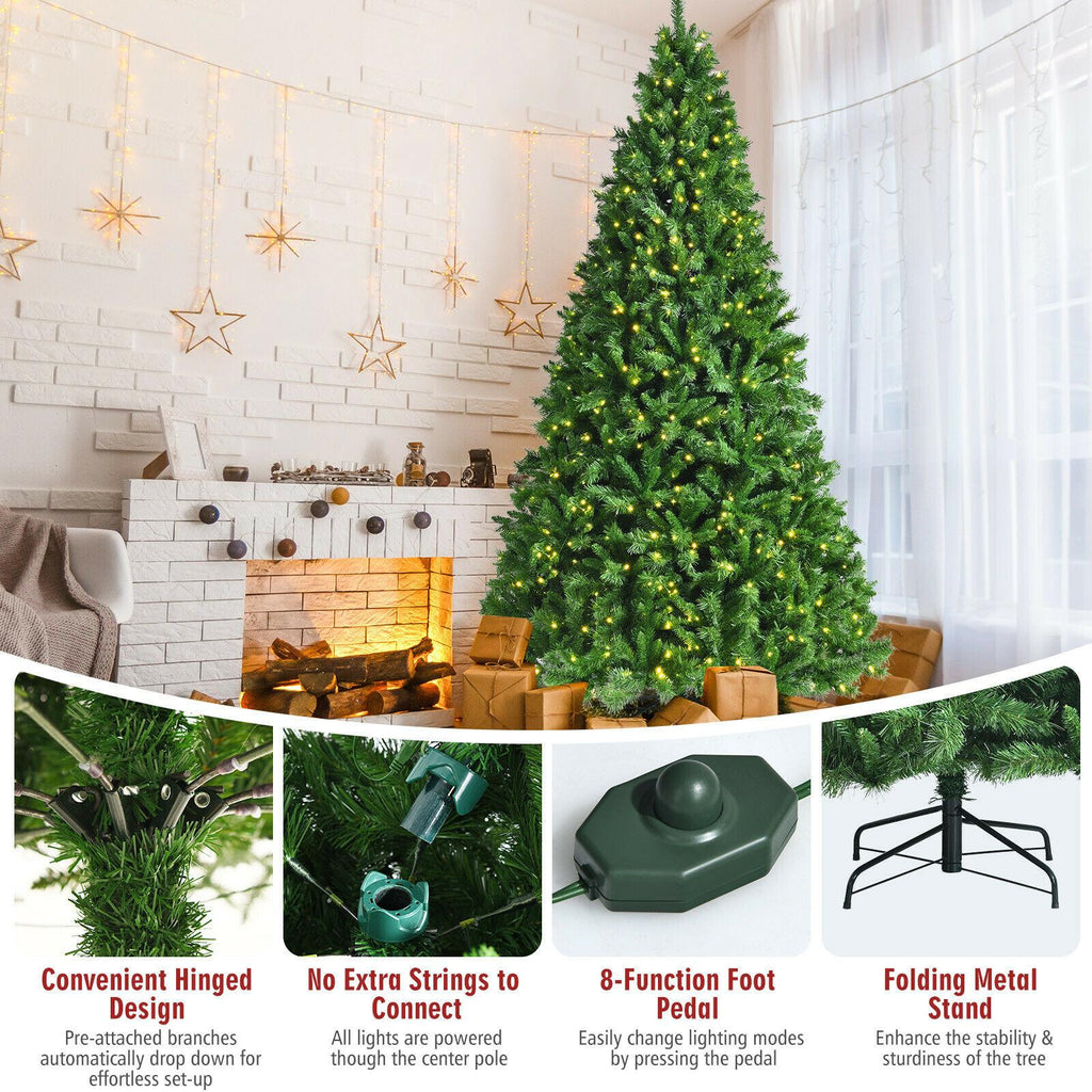 9ft Pre-Lit Artificial Hinged Christmas Tree w/8 Modes LED Lights and Foot Pedal
