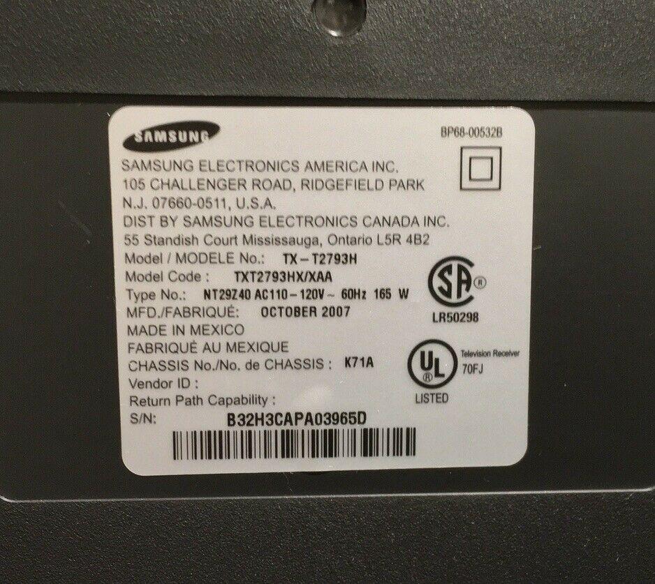 samsung tx-t2793h 27" digital 4:3 hdtv, hdmi color tv w/remote &amp; manual, 2007