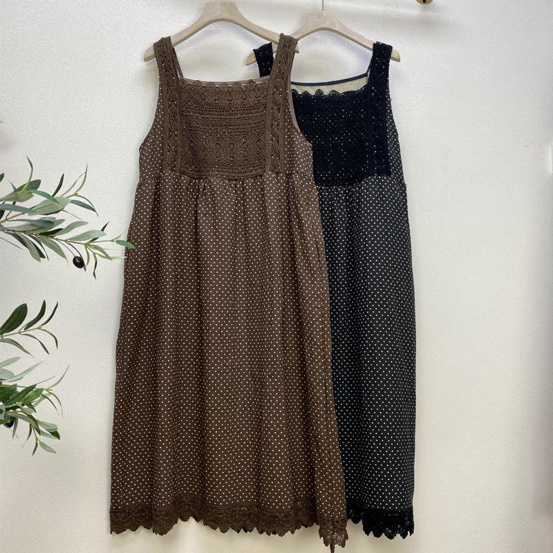 Hollow Dots Sleeveless Cotton Linen Midi Dress